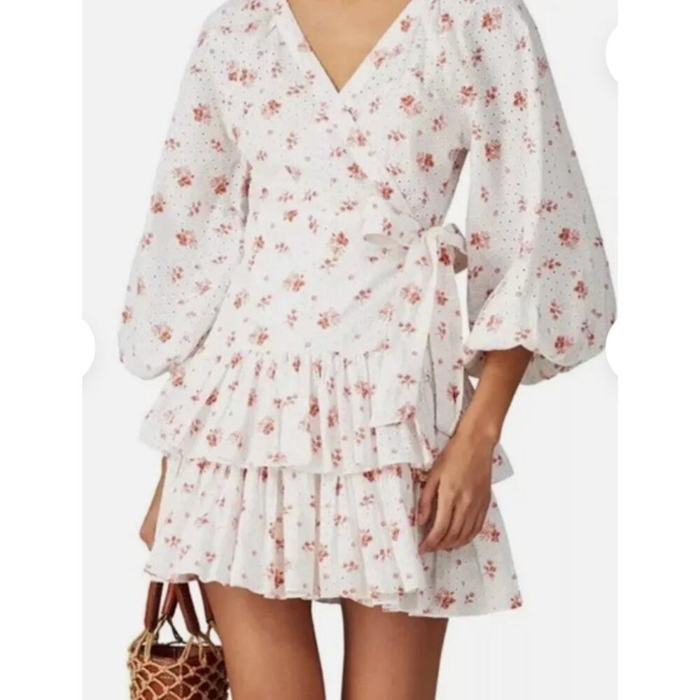 Maia Bergman Floral Eyelet Cotton Ruffle Mini Wrap Dress‎ White Pink Womens